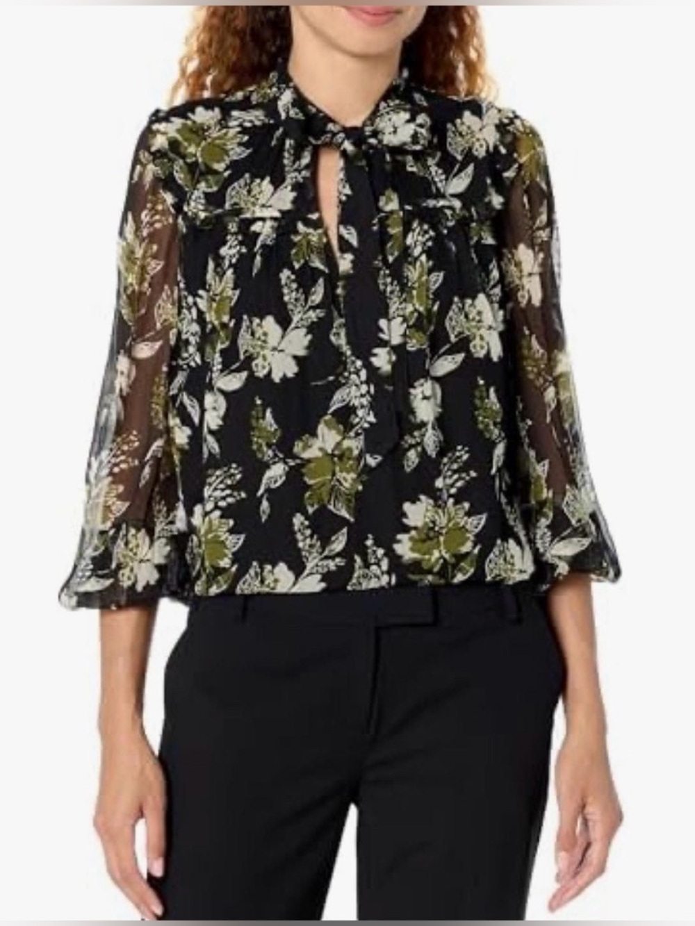 Shoshanna Black Floral Blouse with Neck Bow, size 4